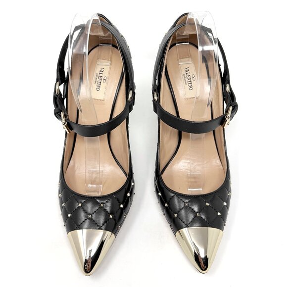 Valentino Garavani Studded Pumps 40.5 Quilted Leather Gold Toe Stiletto - Picture 2 of 10